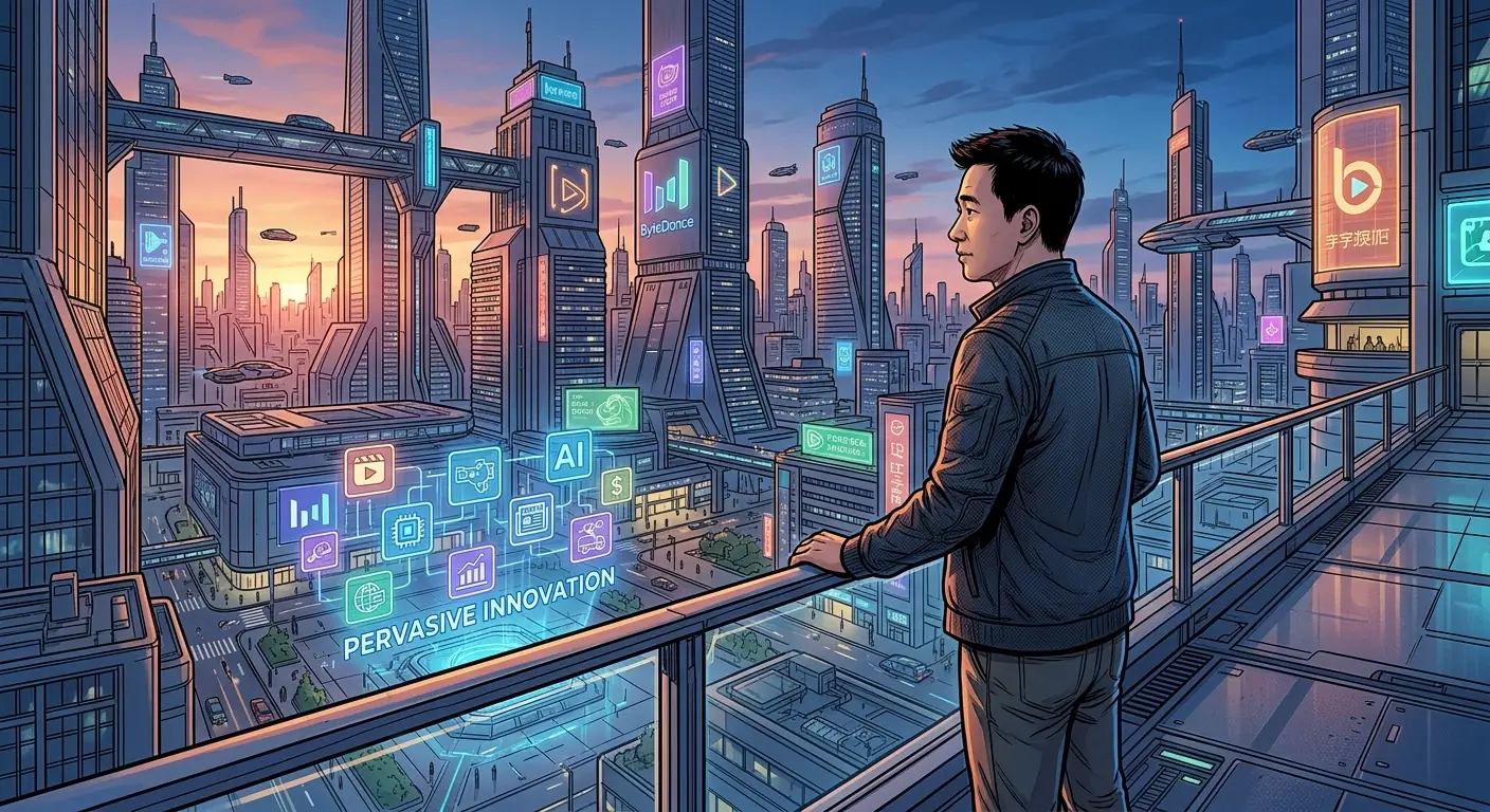 A futuristic cityscape at dusk, with ByteDance's logo subtly integrated into the skyline, symbolizing its pervasive influence across various industries, while a figure resembling Zhang Yiming looks towards the horizon.