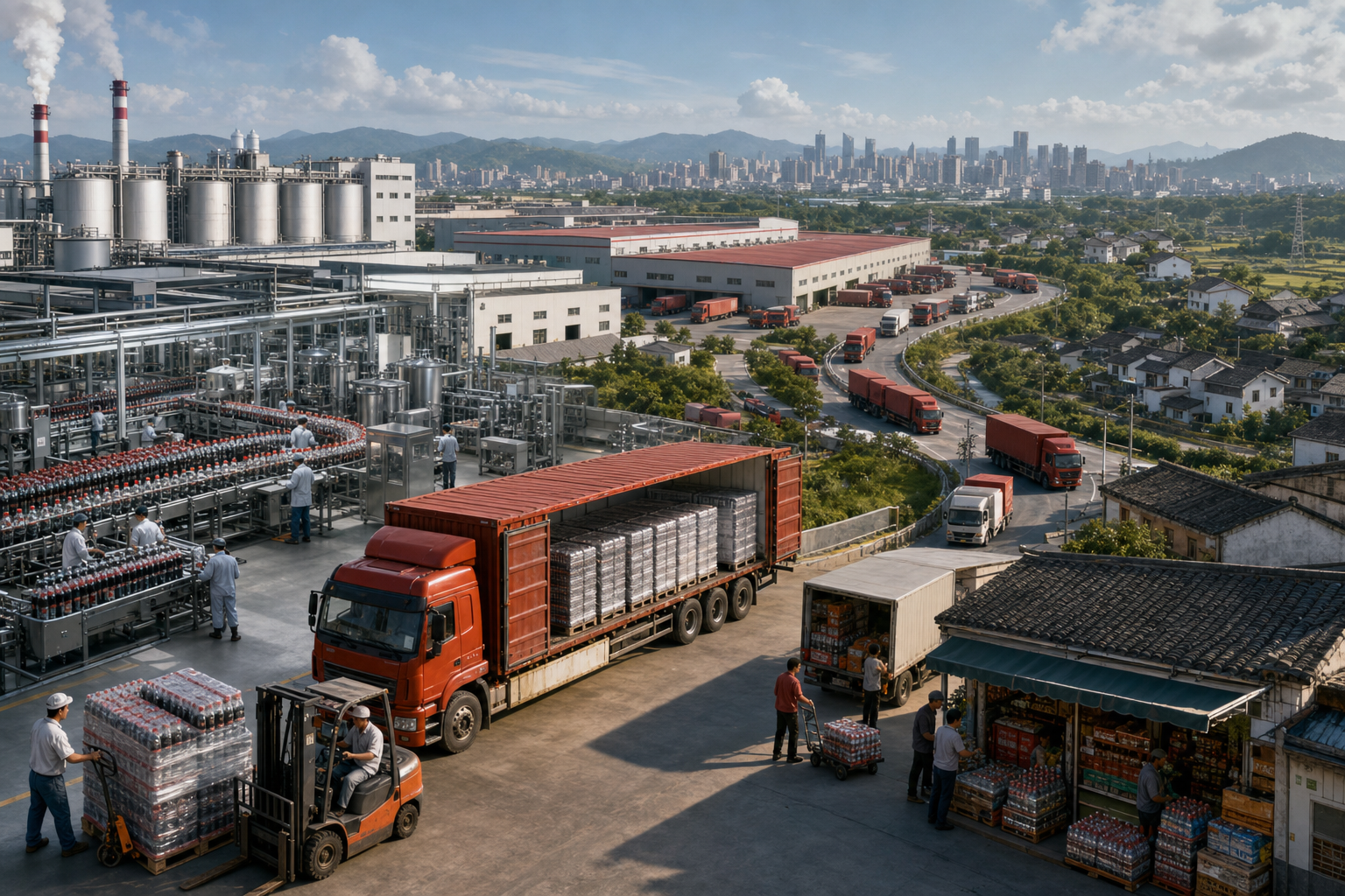A vast Chinese beverage distribution network connecting factories, regional dealers, trucks, and small shops
